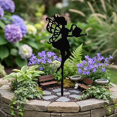 Statue de jardin fée dans un puit