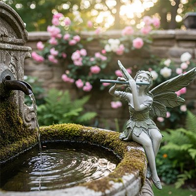 statue de jardin fée près des fleurs