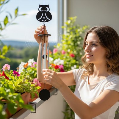 Carillon à vent chouette installé par une femme
