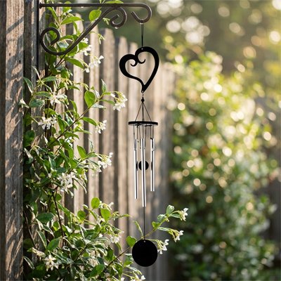 Carillon à vent coeur suspendu près d'une clôture