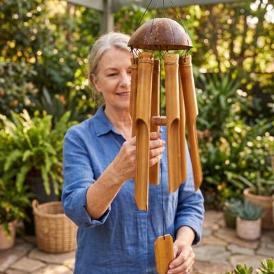 Carillon à vent en bambou installé par une femme