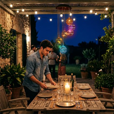 Carillon à vent lumineux au-dessus d'une table à dîner
