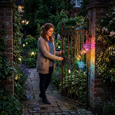 Carillon à vent lumineux installé à une portière de jardin