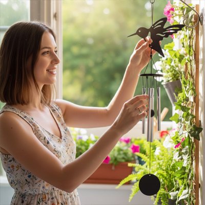 Carillon à vent oiseau une femme l'installe