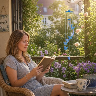 Carillon éolien colibri bleu installé sur une terrasse