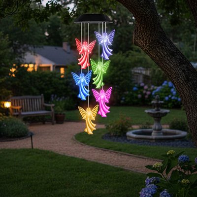 Carillon solaire anges multicolores accroché à une branche