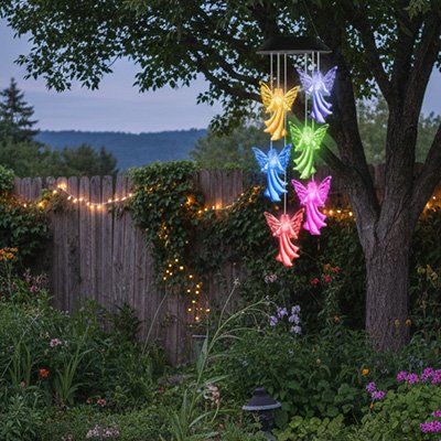 Carillon solaire anges multicolores dans ujn jardin