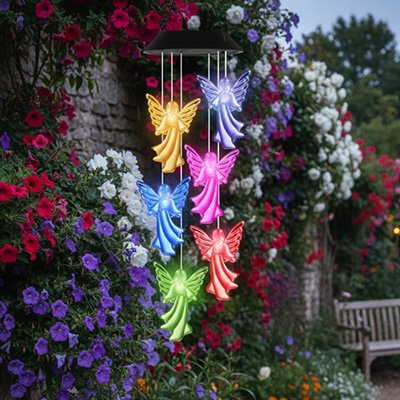Carillon solaire anges multicolores dans ujn parterre