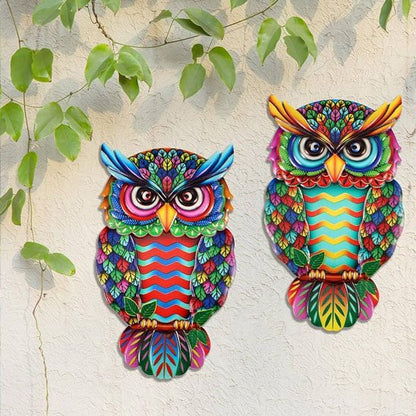 Décoration mural de jardin deux hiboux colorés