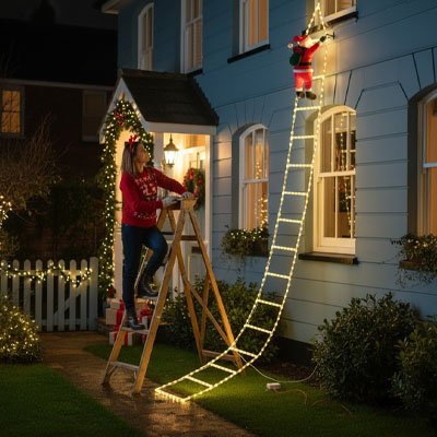 décoration murale extérieur de 3m d'un Père-Noêl dans une échelle