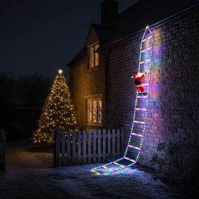 décoration murale extérieur illuminée d'un Père-Noêl dans une échelle