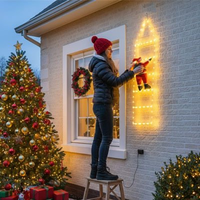 décoration murale extérieur Père-Noêl dans une échelle installée au mur