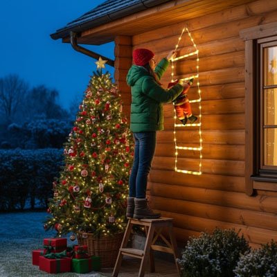 décoration murale extérieur une femme installe un Père-Noêl dans une échelle