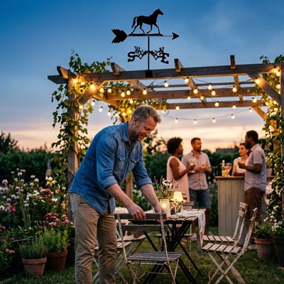 Girouette animal cheval sur le toit d'une pergola