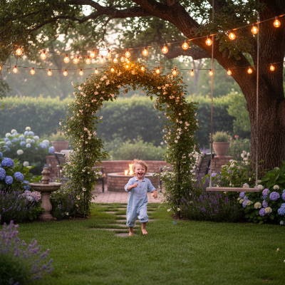Guirlande guinguette solaire avec enfant dans le jardin