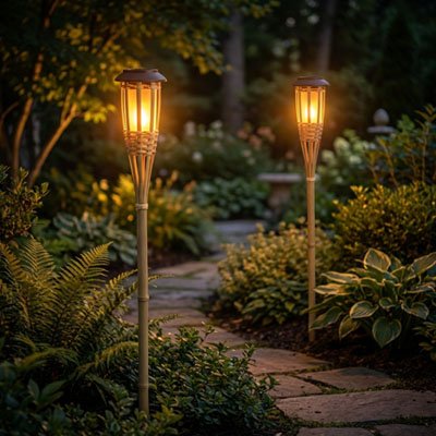 Lampe solaire exterieur 2 torches de bambou