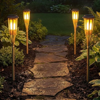 Lampe solaire exterieur 4 torches de bambou