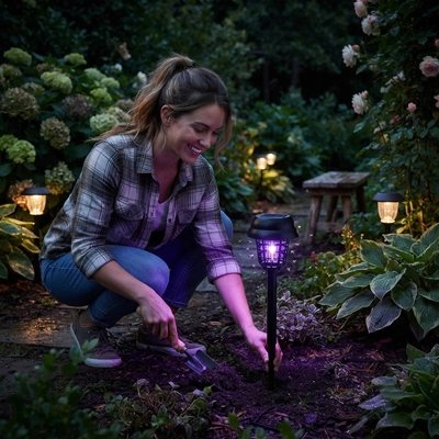 Lampe solaire anti moustiques une femme installe sa lampe