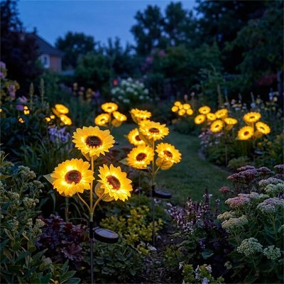 Lampe jardin solaire 3 beaux tournesols blanc chaud