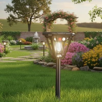 lampe solaire extérieur détecteur de mouvement sur piquet dans un jardin