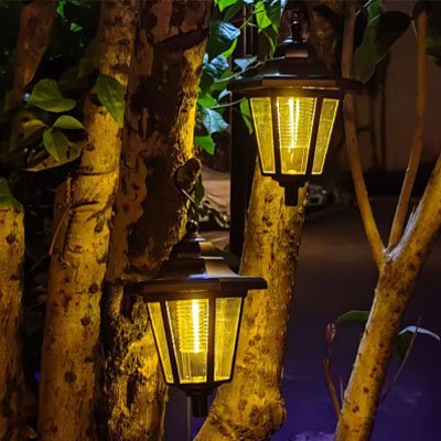 Lampe solaire extérieur deux lampes accrochées à un arbre