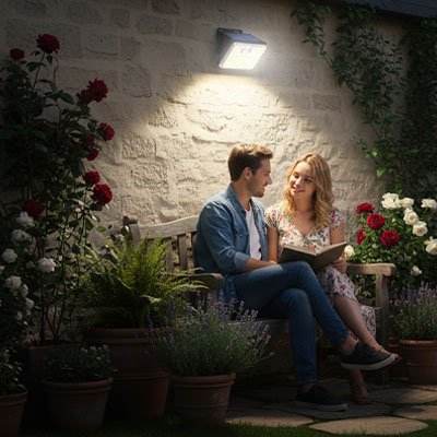 lampe solaire extérieur éclaire un couple sur un banc