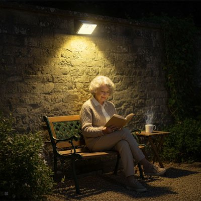 lampe solaire extérieur éclaire une femme qui lit sur un banc