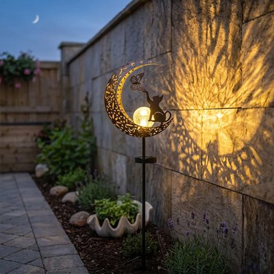 Lampe solaire extérieur lune petit chat et papillon