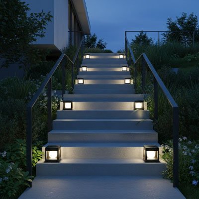 Lampe solaire extérieur ronde boite carré pour escalier blanc chaud