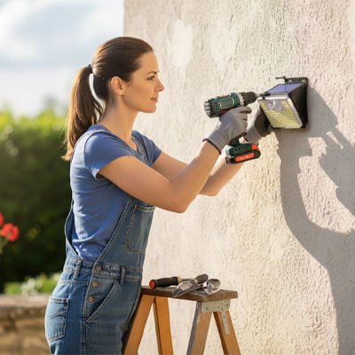 lampe solaire extérieur une femme installe sa lampe