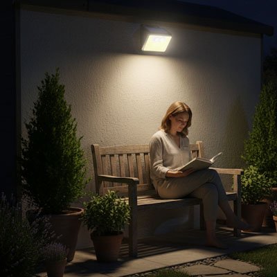 lampe solaire extérieur une femme lit à la lueur de la lampe