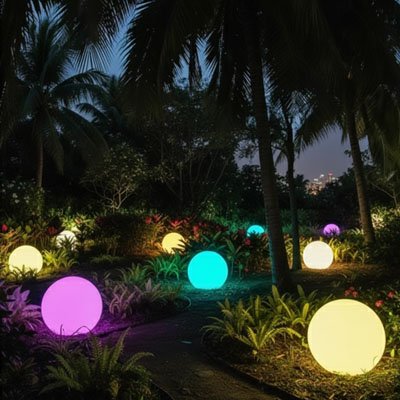 Lampe solaire jardin ronde qui borde un chemin