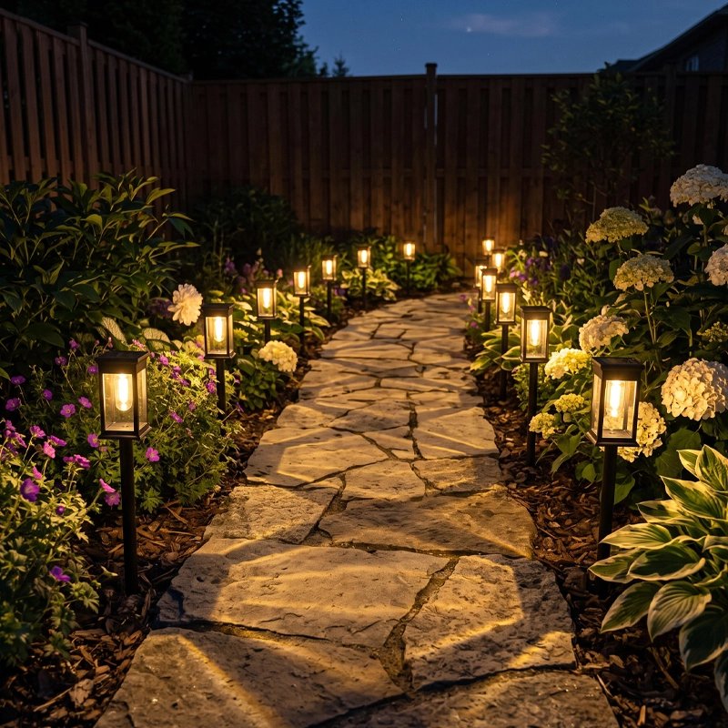 Lampes jardins solaires bordant un chemin de pierre