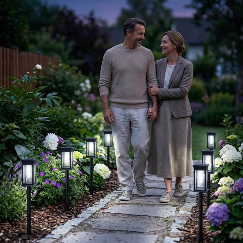 Lampes jardins solaires bordant une allée