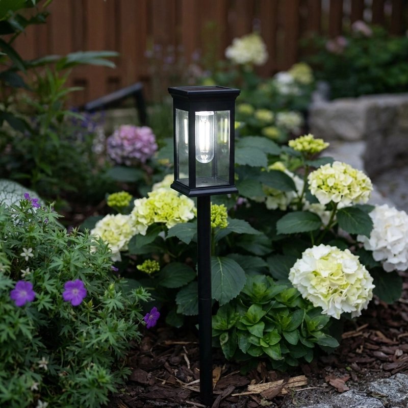 Lampes jardins solaires éclairant un parterre