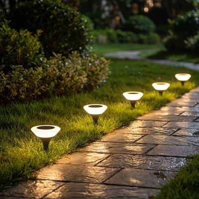 Lampes jardins solaires sur le coté d'une allée