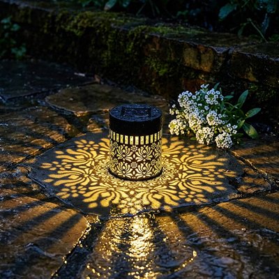 Lanterne solaire extérieur qui illumine le pavé d'un dessin de pivoine