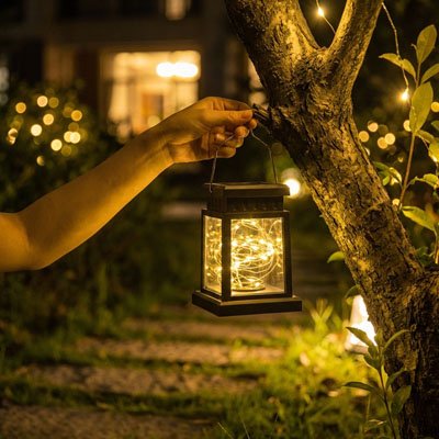 Lanterne solaire extérieur suspendue a un arbre blanc chaud