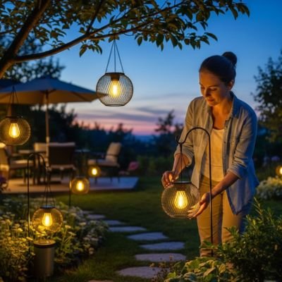Lanterne solaire  ronde en fer au jardin