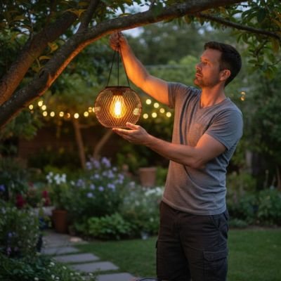 Lanterne solaire ronde en fer belle lumière chaude