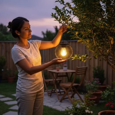 Lanterne solaire  ronde en fer suspendue à une branche