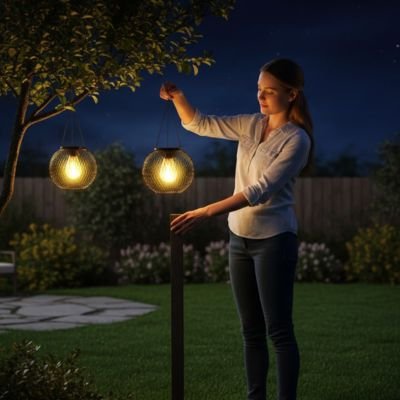 Lanterne solaire  ronde en fer suspendue