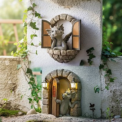 Statue de jardin dragon à la fenêtre 