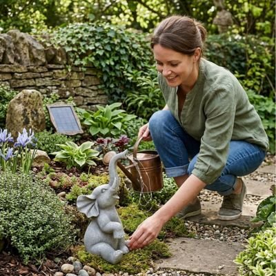 Statue de jardin  Éléphant  une femme installe sa statue