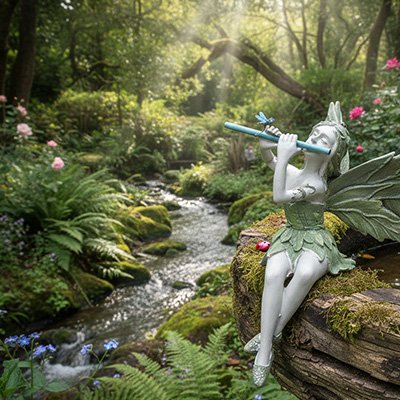 statue de jardin fée au bord de l'eau