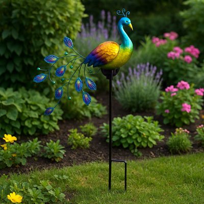 Statue de jardin paon coloré dans un jardin