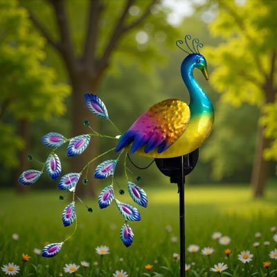 Statue de jardin paon coloré devant un bel arbre