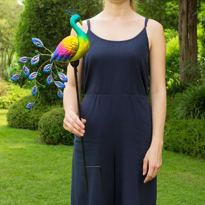 Statue de jardin paon coloré tenu par une femme