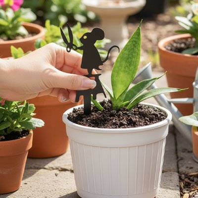 Statue de jardin souris avec ciseaux dans un pot