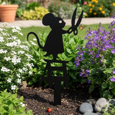 Statue de jardin souris avec ciseaux